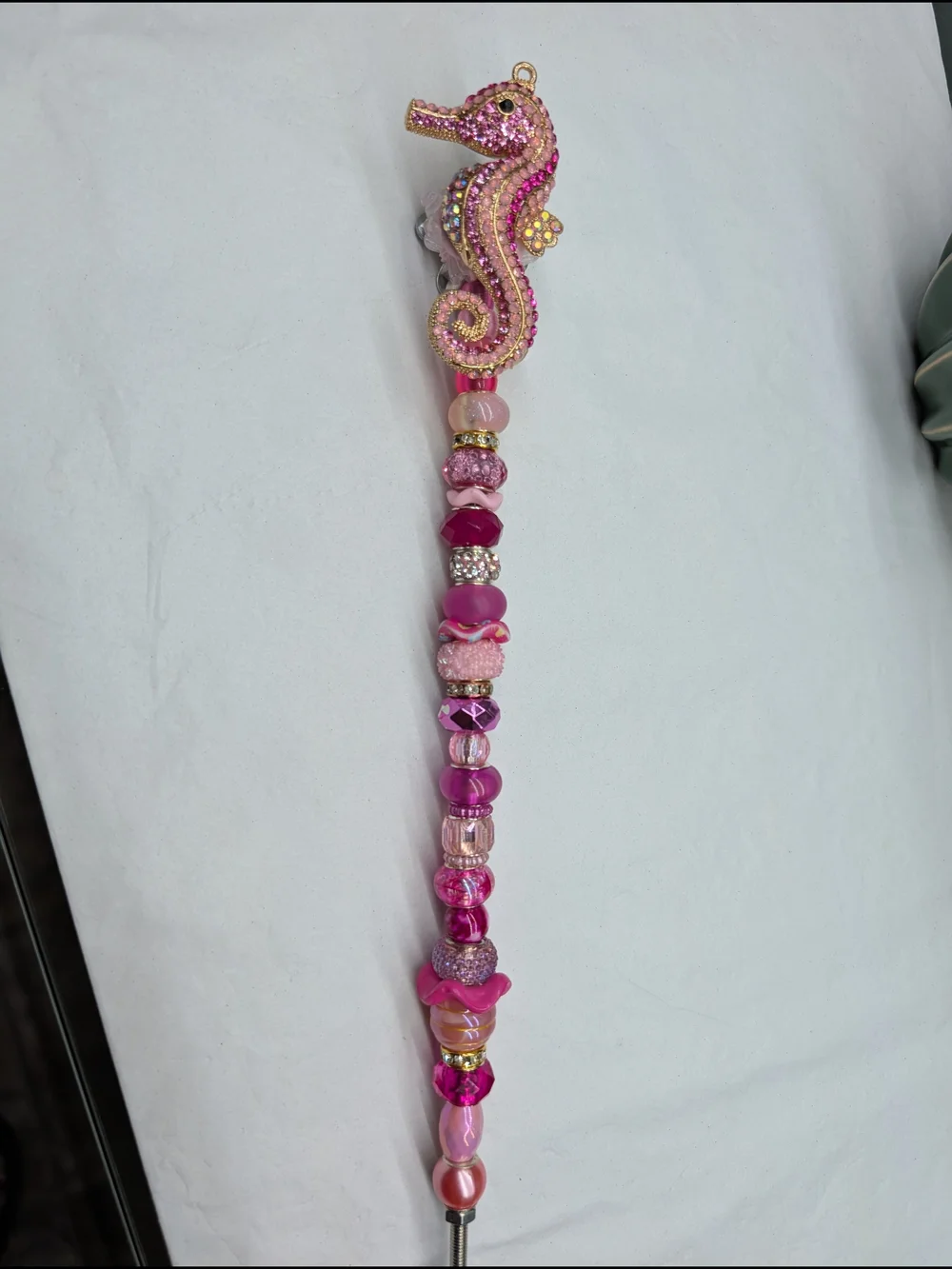 Hand Made Fairy Wand/Plant/Garden Stake W/Sparkly Pink Enamel Seahorse